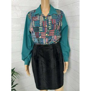 Vintage Southern Lady Sz L Button Up Long Sleeve Blouse Green Aztec Gold Buttons